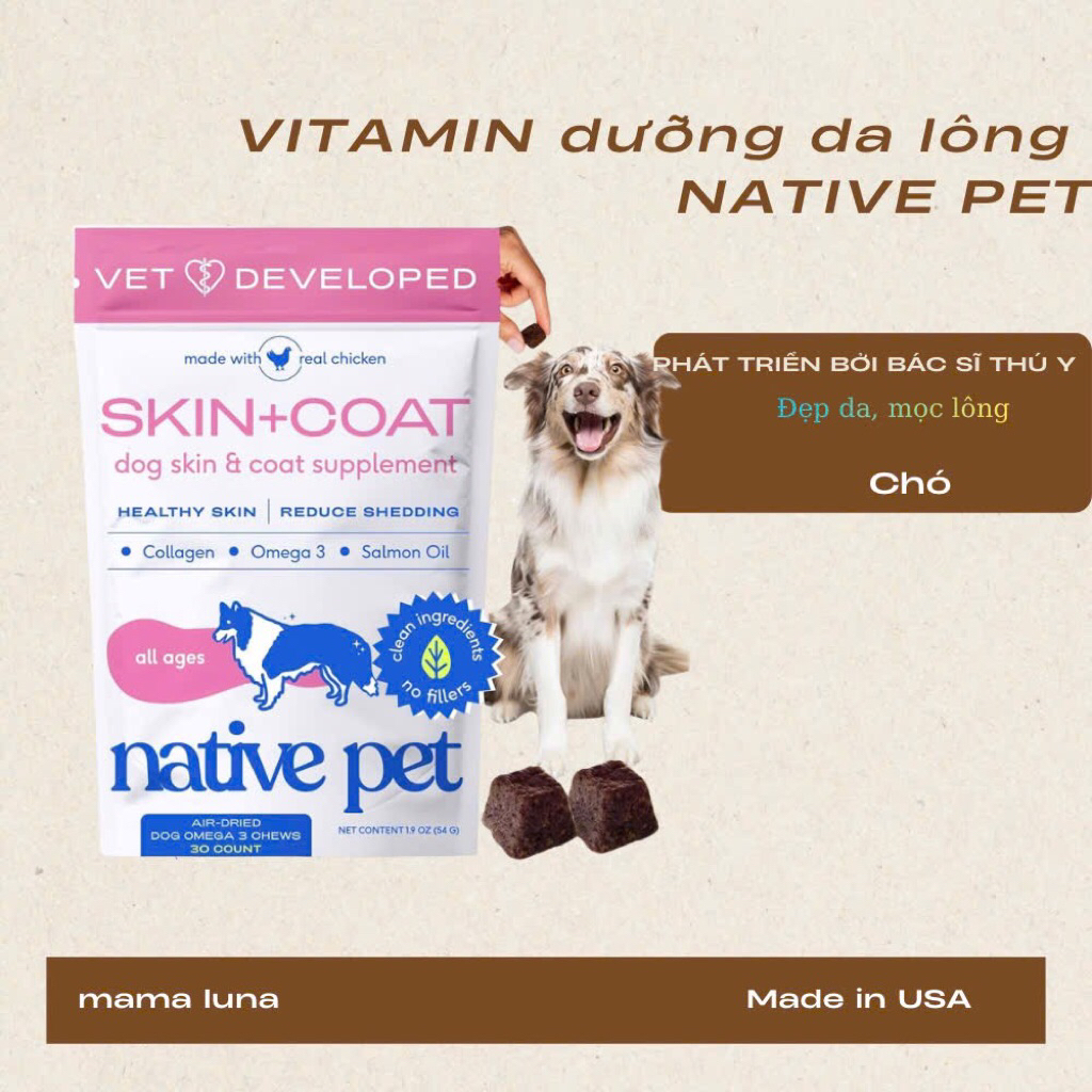 [USA] Native Pet Skin coat viên nhai dưỡng da lông cho chó, túi 30 viên