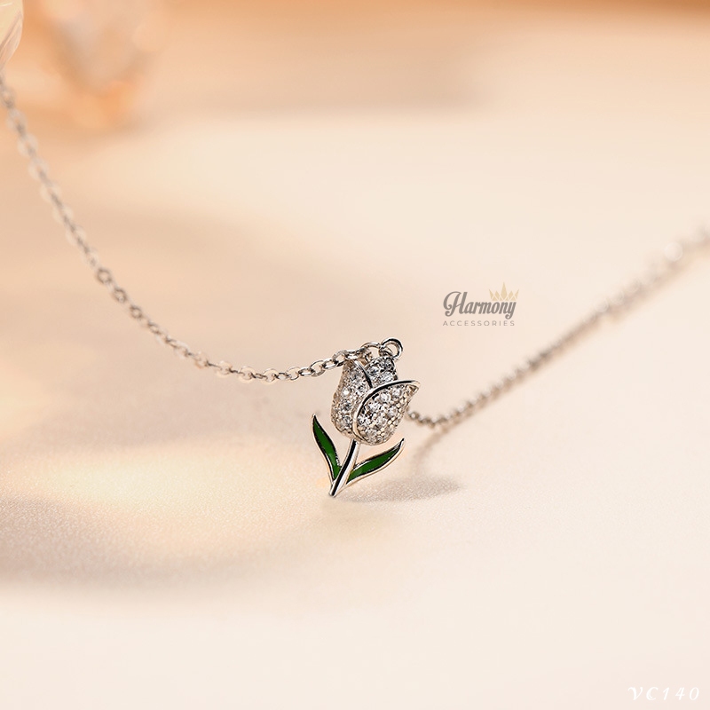 Dây chuyền nữ bạc 925 vòng cổ mặt hoa Tulip nhẹ nhàng sang trọng xi kim | HARMONY ACCESSORIES VC140