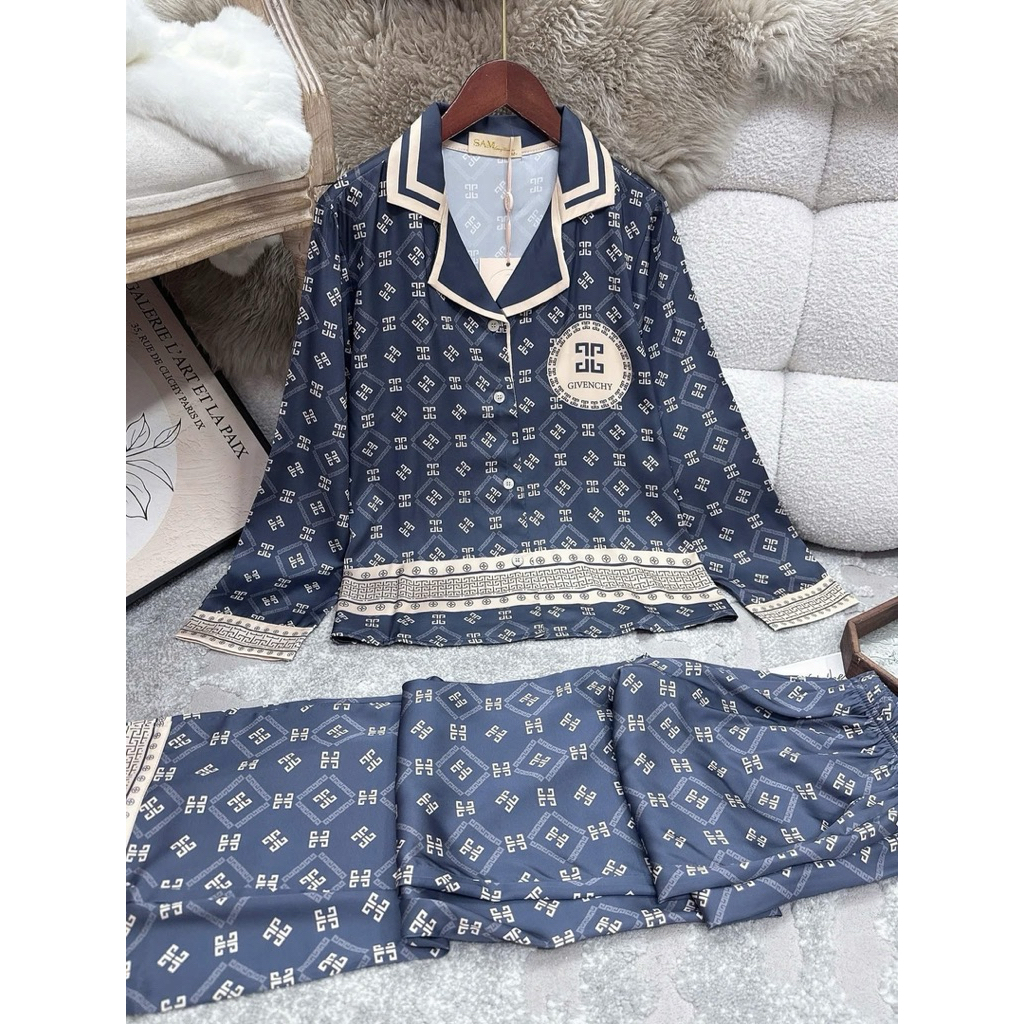 Bộ lụa mặc nhà Sam Luxury Cao Cấp tone xanh than sang xịn