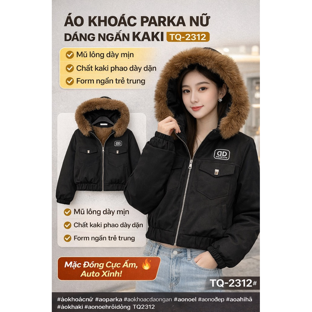 Áo Khoác Phao Parka Nữ Dáng Ngắn Kaki TQ-2312 – Có Mũ Lông, Giữ Ấm Tốt, Form Croptop Trẻ Trung