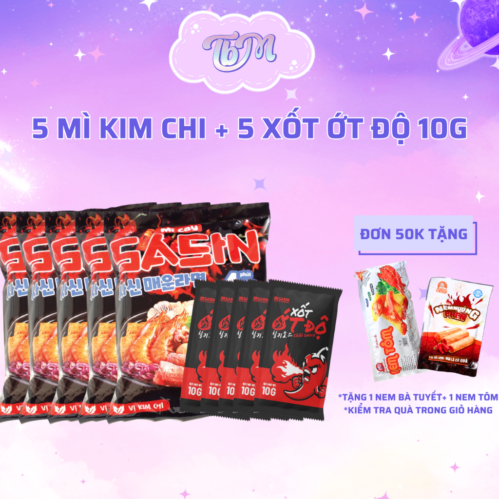 Combo 5 gói mì cay Sasin vị kim chi/soyum 120g kèm xốt ớt độ 10g