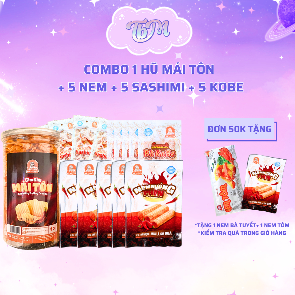 Combo ăn vặt bà Tuyết: 1 HŨ bim bim mái tôn + 5 nem + 5 bò kobe + 5 sashimi