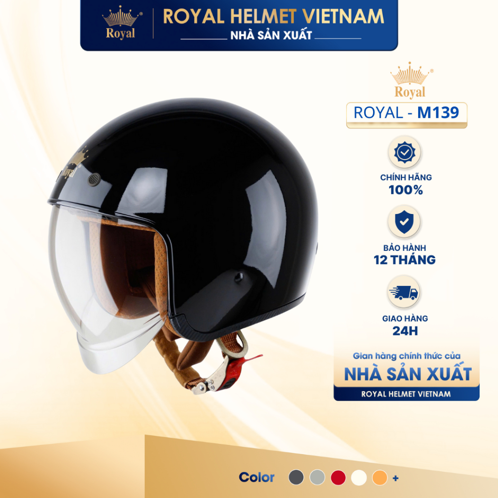[NHÀ SẢN XUẤT] [ĐEN BÓNG] Mũ Bảo Hiểm 3/4 Royal M139 Trơn Kính Âm Chính Hãng, Kính Trà, Chống Chói, 