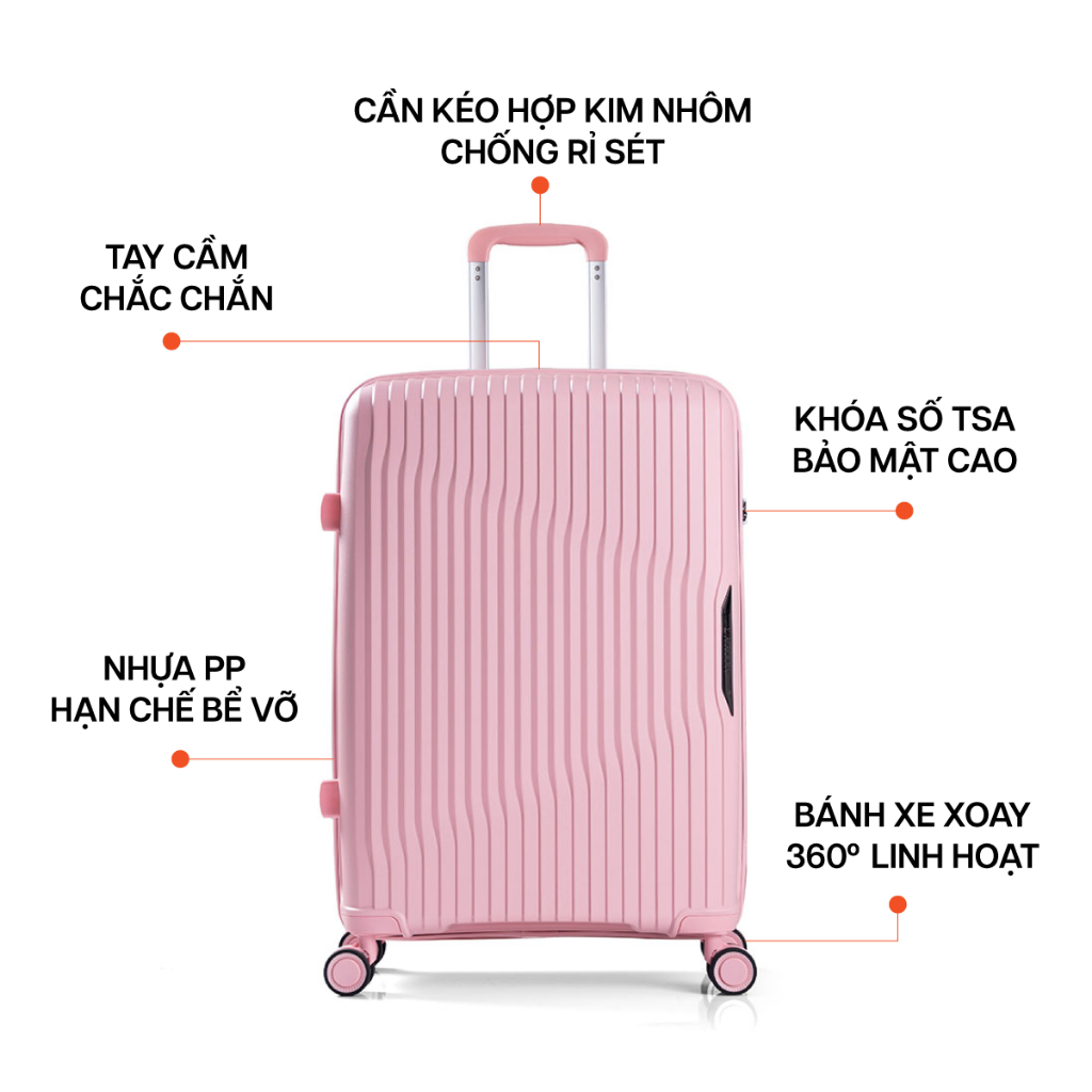 [SVIP] Vali Kéo MIA Larita ROTA - Size S 20 Inch, Màu Hồng, Nhựa PP Dẻo Siêu Bền Bỉ, Chống Va Đập, K