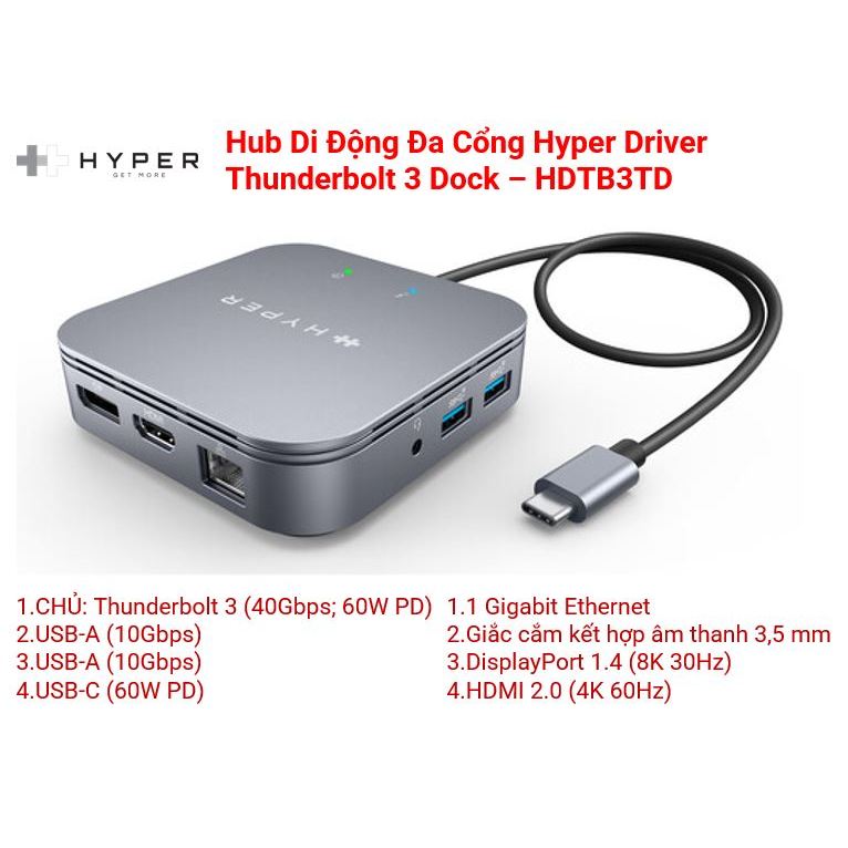[Chính hãng HyperDrive] Hub Di Động Đa Cổng Hyper-HyperDriver Thunderbolt 3 Dock – HDTB3TD