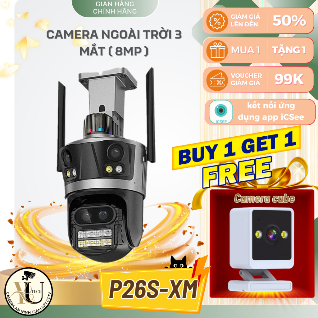( TẶNG CAMERA CUBE) CAMERA NGOÀI TRỜI ICSEE P26S-XM -  4 mắt 3 khung hình 1 mắt zoom