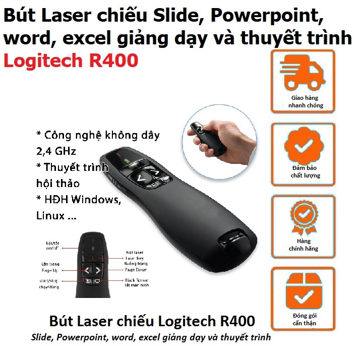 Bút Laser chiếu Slide, Powerpoint, word, excel giảng dạy và thuyết trình Logitech R400