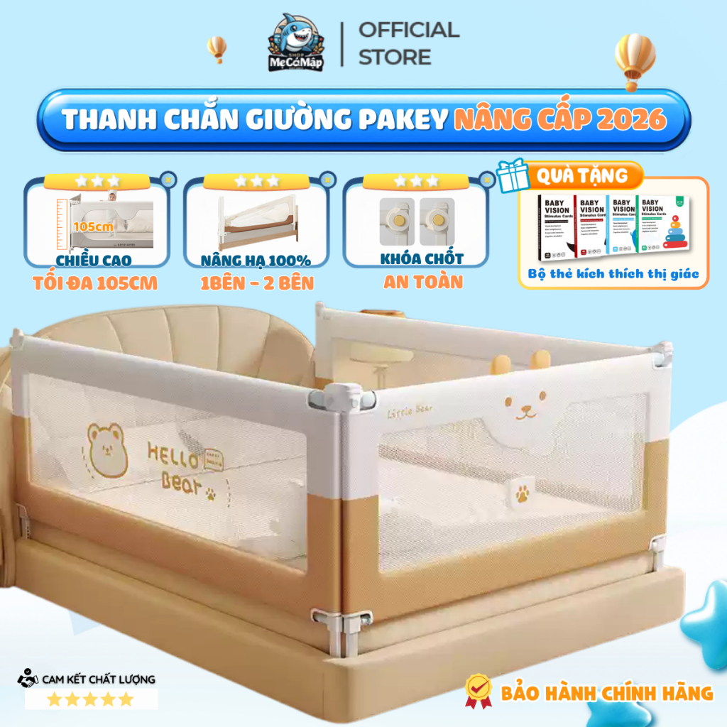 Thanh Chắn Giường Cho Bé Nâng Cấp Cao 105cm, Chắn Giường Pakey Nâng Hạ Dễ Dàng, Chắc Chắn, Bảo Hành 