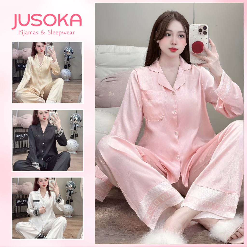 [FREESIZE] Bộ ngủ Pijama nữ JUSOKA viền chữ lụa gấm xước ánh kim tay dài quần dài DD48