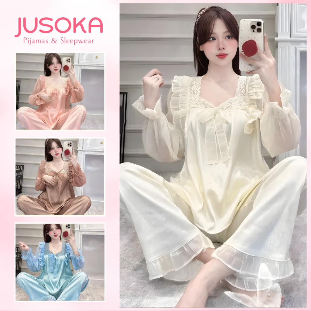 Bộ Đồ Ngủ Nữ Pijama JUSOKA DD54 Lụa Gấm Xước Ánh Kim Phối Voan Dáng Tiểu Thư Thoải Mái Cho Nữ