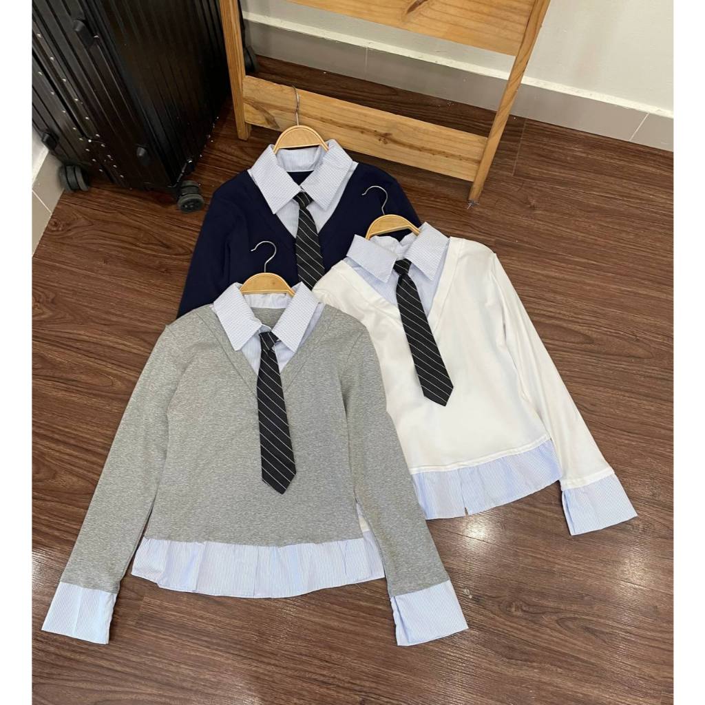 (KÈM CÀ VẠT) Áo Thun Tay Dài Nữ FMSTYLE -Phối Sơ Mi Lẻ Cà Vạt Phong Cách Hàn Quốc Dễ Thương 26010279