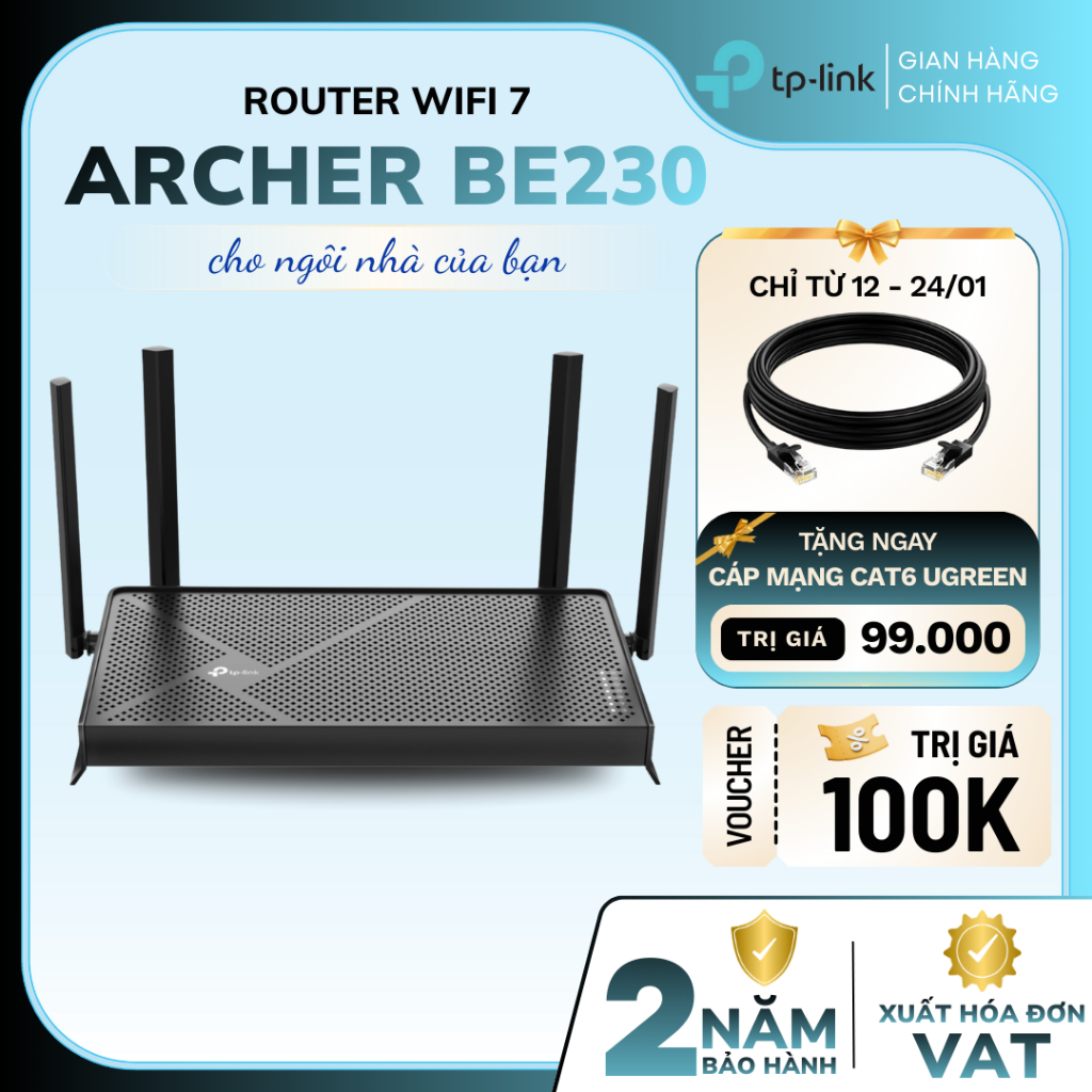[CHÍNH HÃNG] Bộ phát router Wifi 7 TP-Link Archer BE230 | Chuẩn BE3600, Băng tần kép, Tốc độ 3570Mbp
