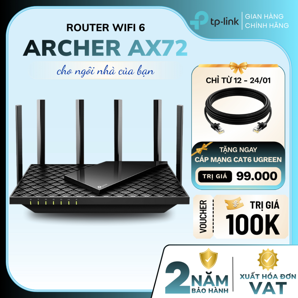[CHÍNH HÃNG] Bộ phát router WiFi 6 AX5400 TP-Link Archer AX72 | Băng tần kép, Wan/Lan Gigabit, 6 ant