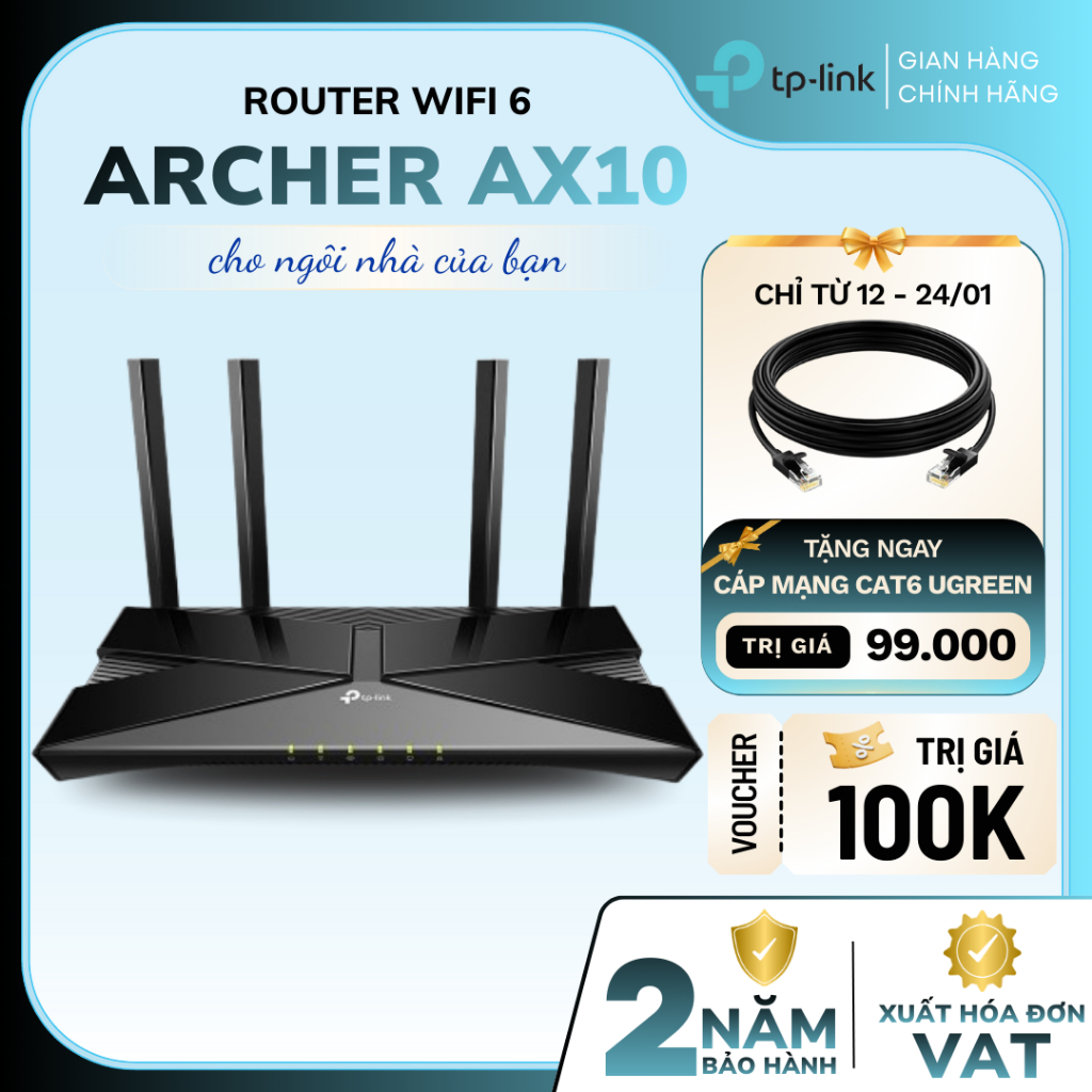 Bộ phát Router WiFi 6 TP-Link Archer AX10 | Chuẩn WiFi 6, Tốc độ 1500Mbps, Kết nối nhiều thiết bị