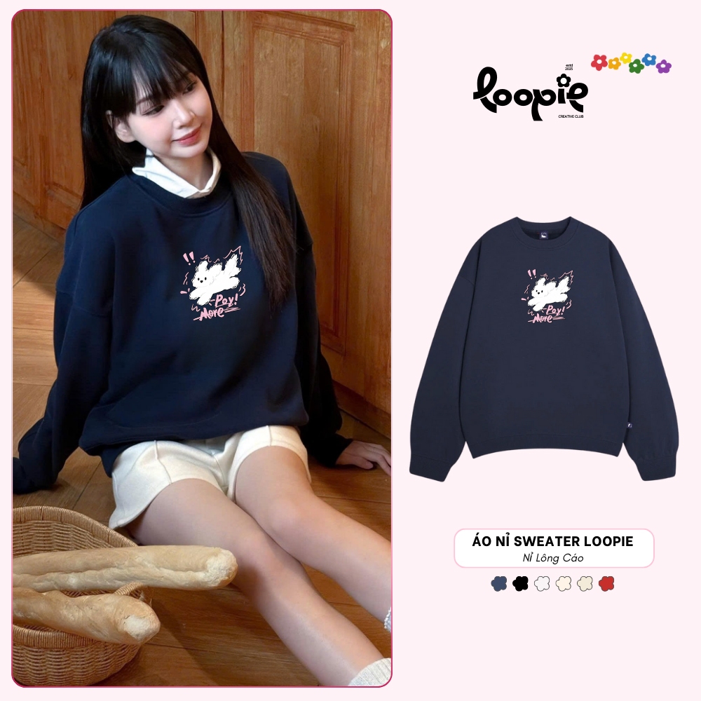 Áo Sweater LOOPIE CLUB BST143 Hình Gấu Poy - Áo Nỉ Lông Cáo Dày Dặn Aesthetic Outfit