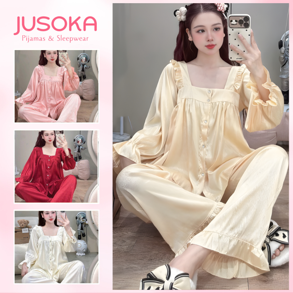 Đồ Ngủ Nữ Pijama JUSOKA DD33 Chất Liệu Lụa Gấm Xước Dài Tay Dáng Tiểu Thư Thoải Mái Sang Trọng
