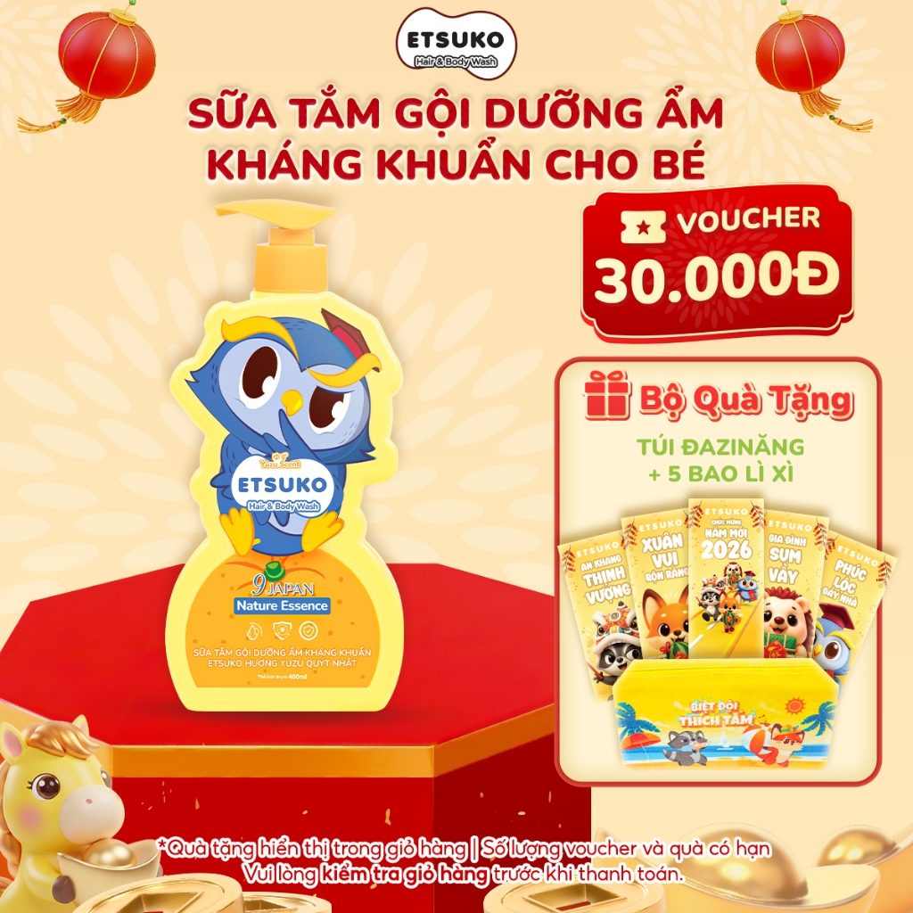 Sữa Tắm Gội ETSUKO Hương Yuzu Quýt Nhật 400ml Dưỡng Ẩm Dịu Nhẹ Kháng Khuẩn Bảo Vệ Cho Bé, An Toàn Ch