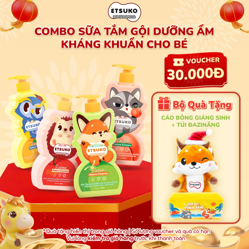 Combo 3 Chai Tắm Gội Cho Bé ETSUKO Nhật 400ml Dưỡng Ẩm Dịu Nhẹ Kháng Khuẩn Bảo Vệ, An Toàn Cho Bé