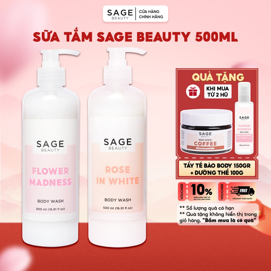 Sữa Tắm Sage Beauty Hương Nước Hoa Lưu Hương Lâu Giúp Sáng Da, Dưỡng Ẩm, Mịn Da - 500ml