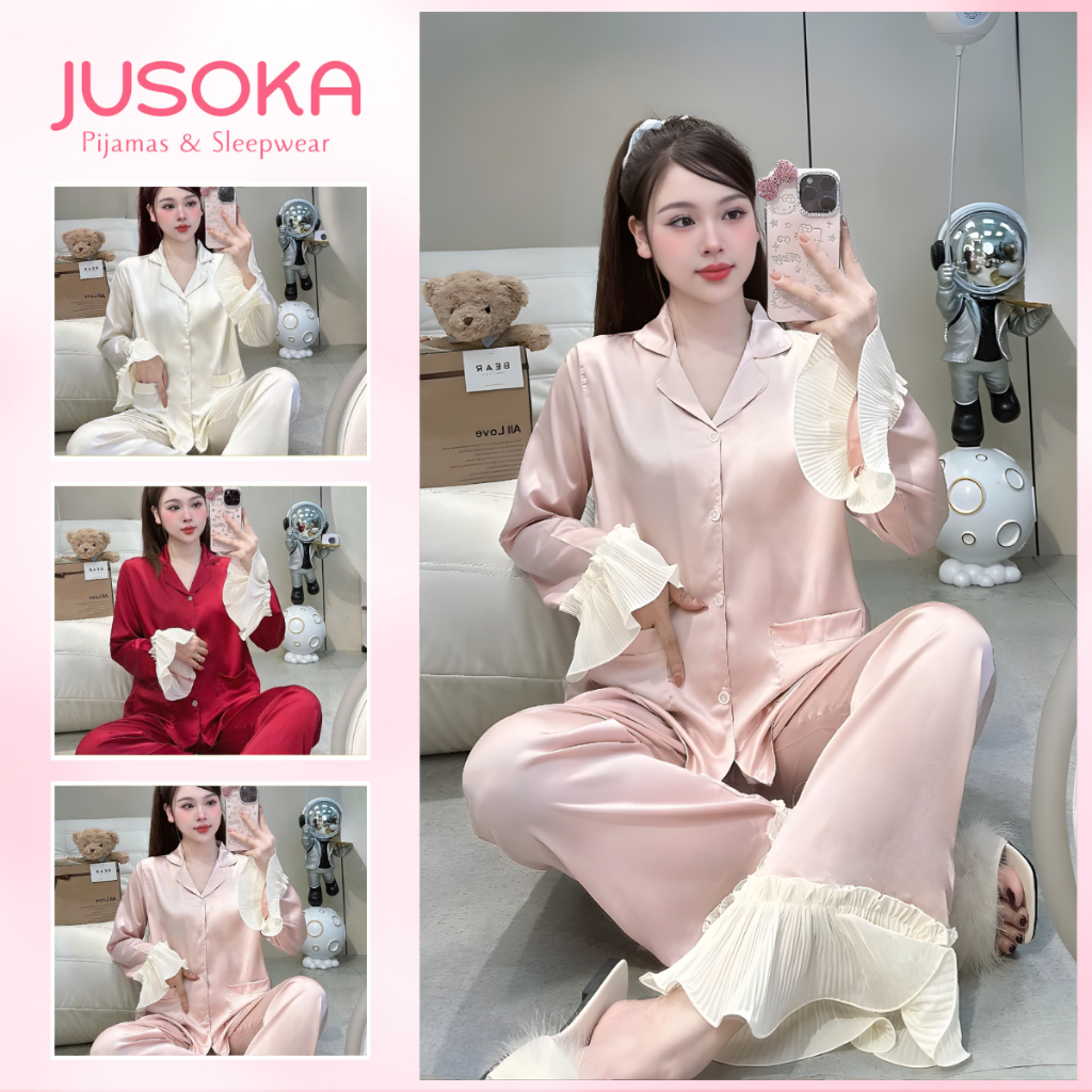 Bộ Đồ Ngủ Nữ Pijama JUSOKA LT21 Lụa Latin Phối Tay Voan Cao Cấp Siêu Xinh Dễ Thương Dành Cho Nữ