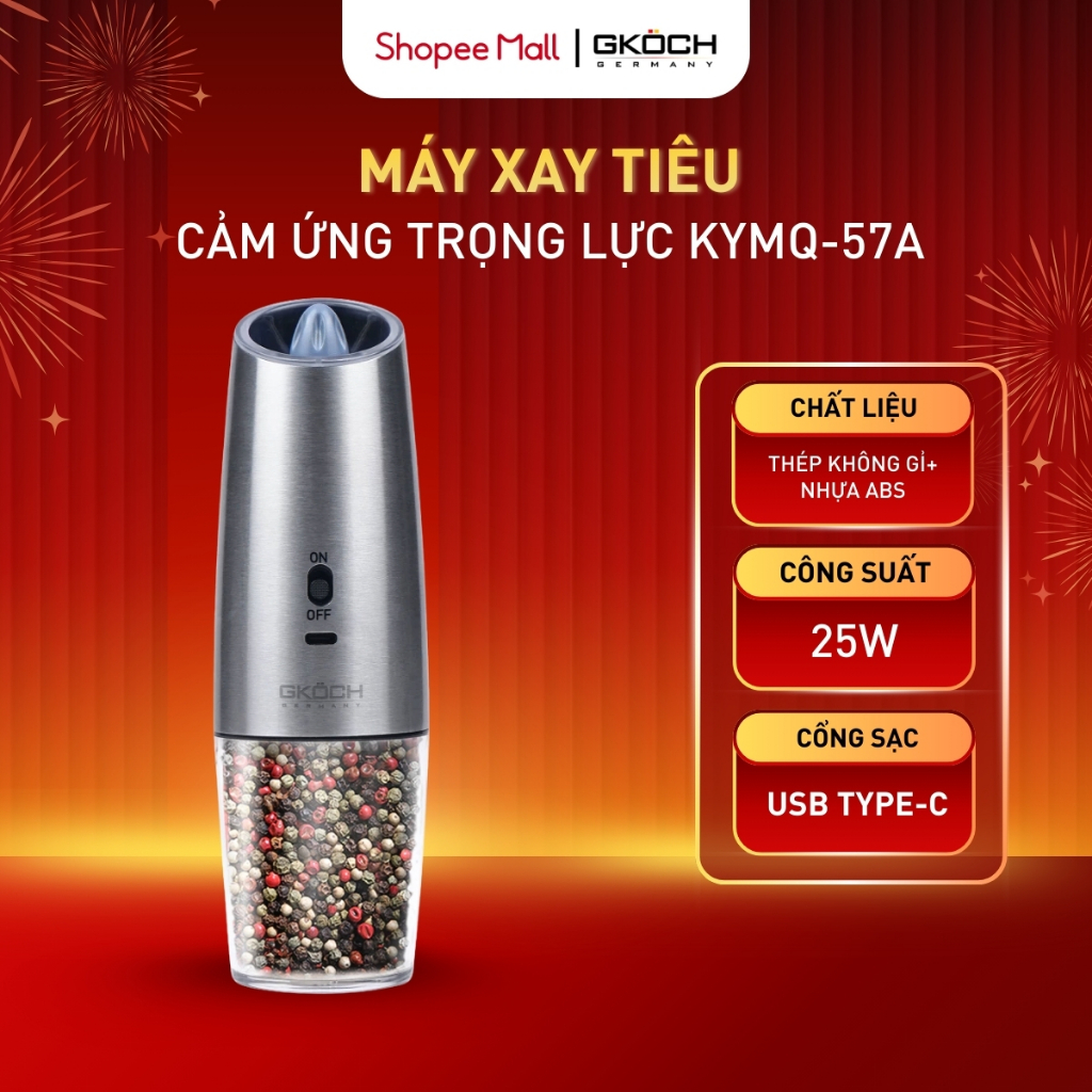 Máy Xay Tiêu Cảm Ứng Trọng Lực GKÖCH KYMQ-57A - Lõi Gốm, Chống Kẹt, Sạc USB Type-C