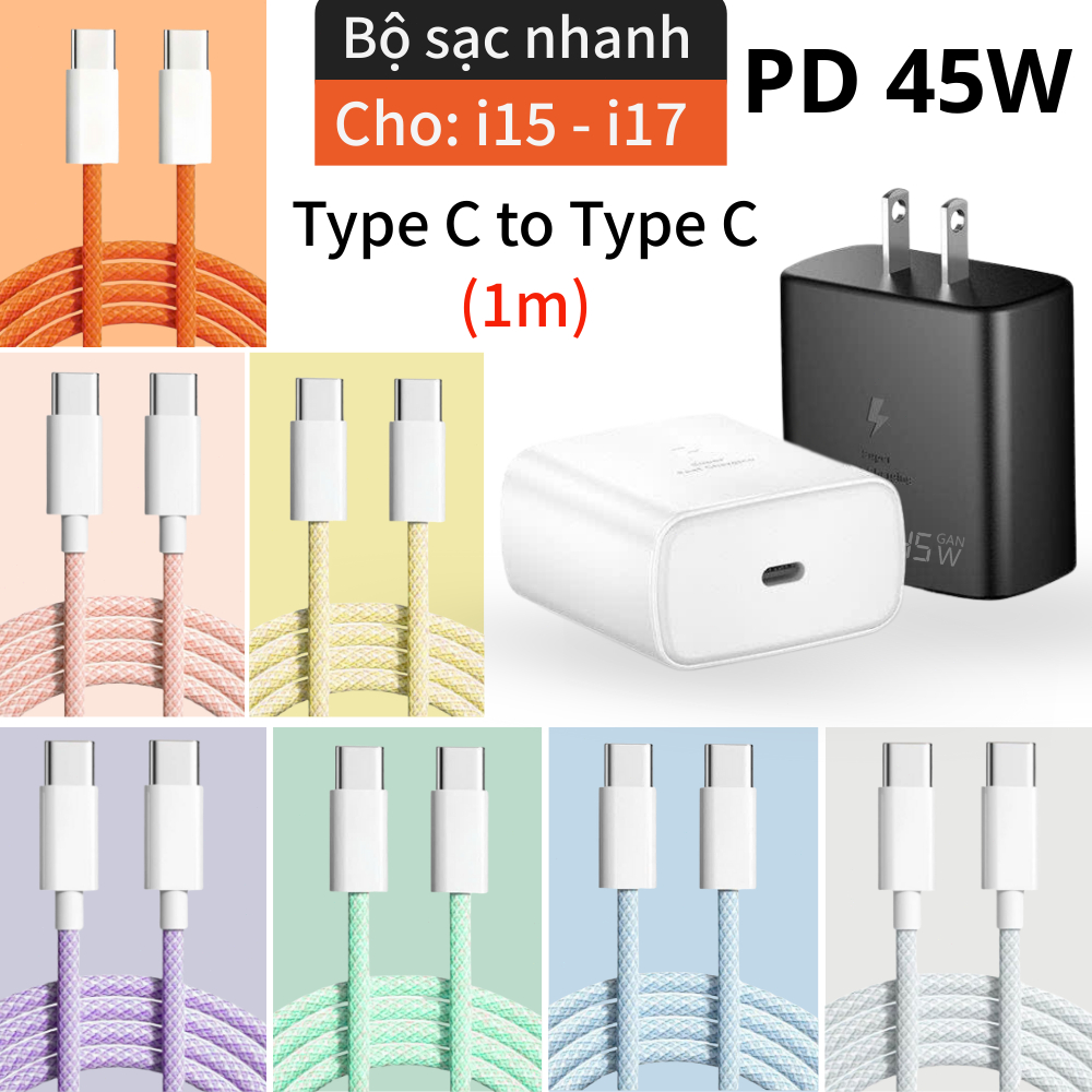 C to C Bộ sạc nhanh PD45W Type C to Type C-Dây bện chắc chắn, dài 1m-Cáp thiết kế nhiều màu-Sạc nhanh uy tín chất lượng