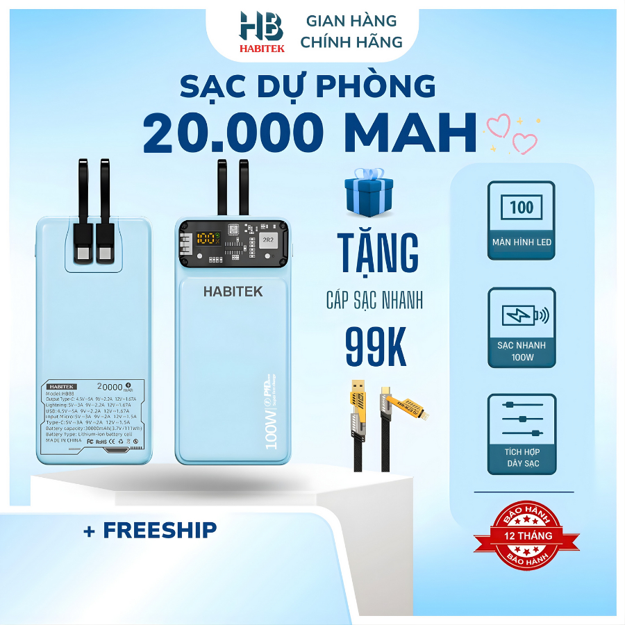 [ link đặt ] Pin Sạc Dự Phòng 20.000mah HB88 Habitek Sạc nhanh 100W, Tích Hợp Dây Cap, Sạc Cho Nhiều