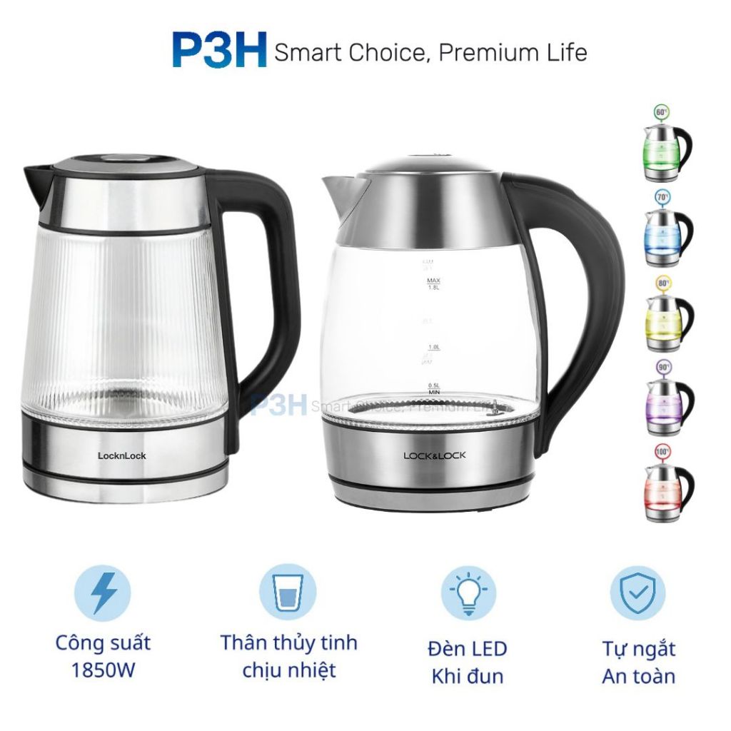 Ấm đun siêu tốc Lock&Lock thân bình thủy tinh 1.8L công suất 1850W EJK418SLV EJK256BLK EJK341 P3H