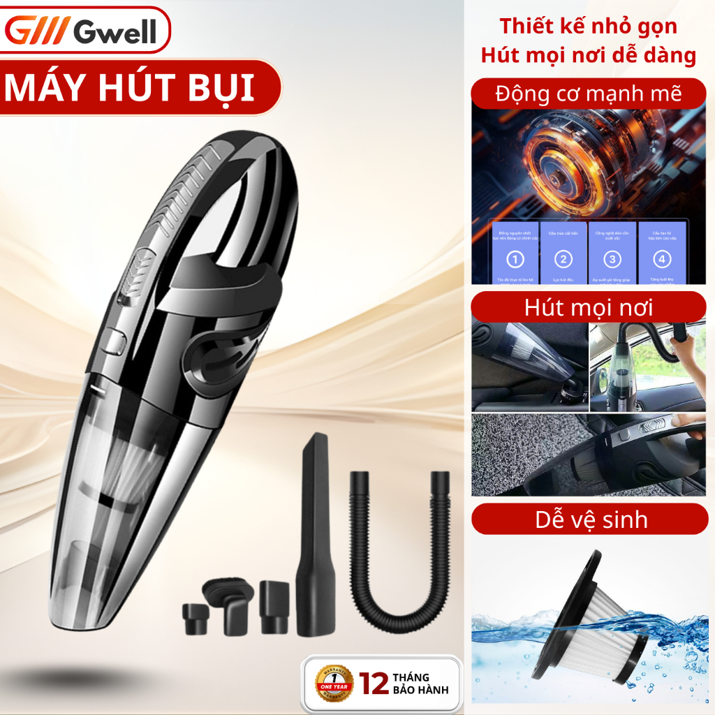Máy hút bụi cầm tay, Máy Hút Bụi Ô Tô mini cao cấp 6 chi tiết bảo hành chính hãng nhỏ gọn tiện lợi