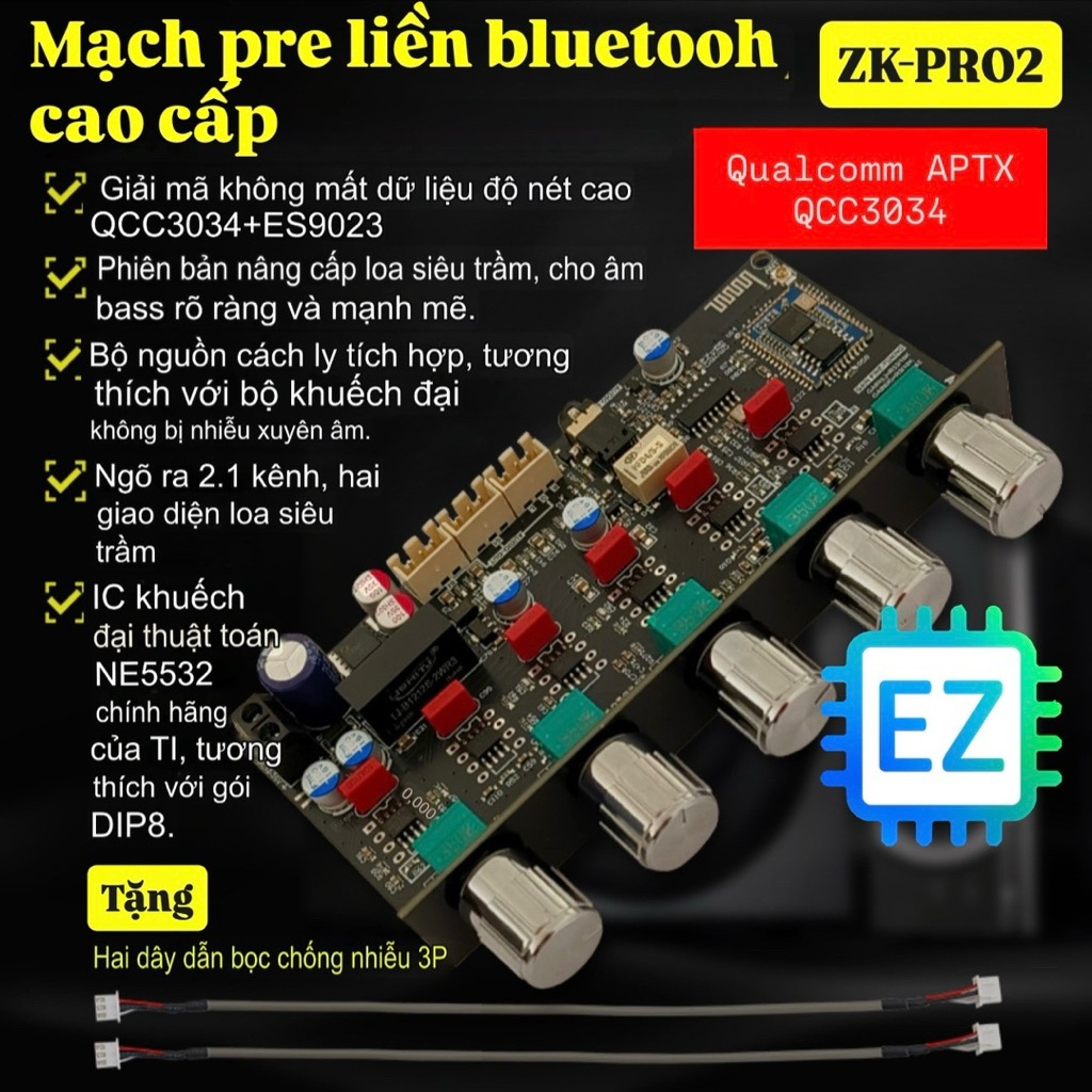 ZK-PRO2 Mạch chỉnh âm sắc 2.1 liền bluetooth QCC3034 + ES9023 cao cấp