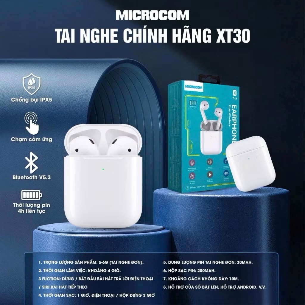 Microcom Tai Nghe Microcom XT30 Mẫu Mới Chống Nước IPX5 Bluetooth V5.3 Pin 30mAh Thời Gian Sử Dụng L