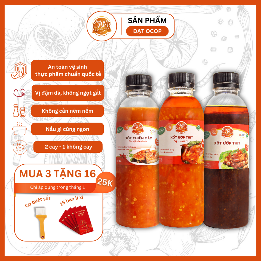 [BÁN CHẠY] Combo 3 vị | Sốt BBQ, Muối & Mắm dùng ướp & chấm hải sản, xào me, mực chuẩn vị tiện lợi