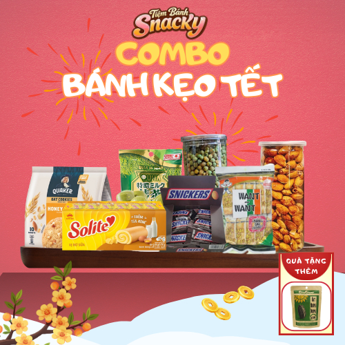 Combo bánh kẹo tết 7 món: đậu hà lan, snickers, kẹo matcha, bánh solite, cookies dinh dưỡng, bánh gạ