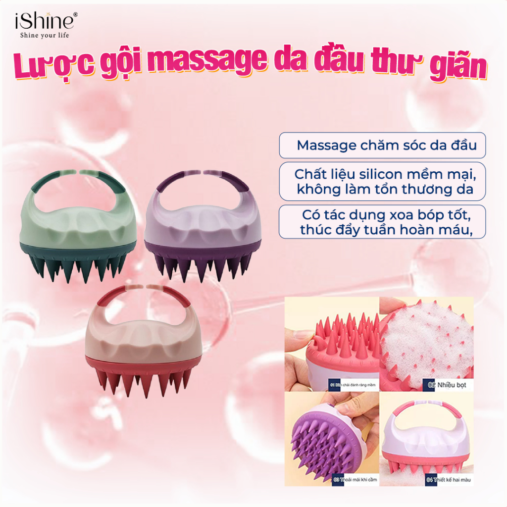 Lược Gội Đầu Cao Cấp Silicone iShine Massage Đầu Giảm Stress, Ngừa Rụng Tóc IS05