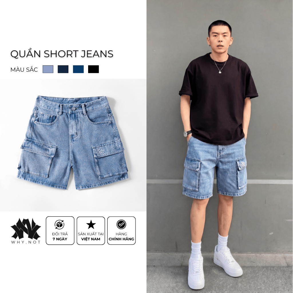 QUẦN SHORT CARGO JEAN NAM FORM RỘNG, QUẦN SHORT JEAN TÚI HỘP WASH MÀU XANH RETRO, QUẦN ĐÙI NAM FORM 