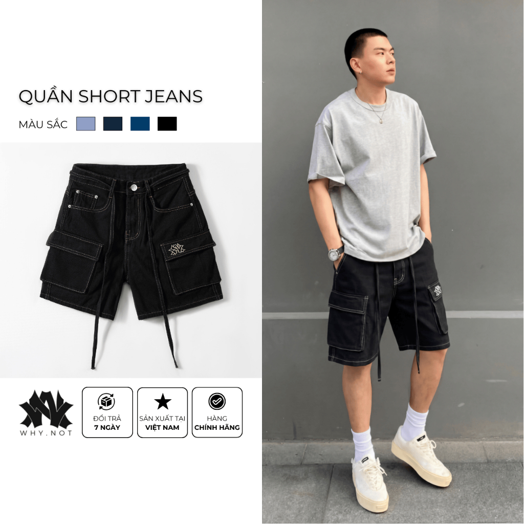QUẦN SHORT CARGO JEAN NAM FORM RỘNG, QUẦN SHORT JEAN TÚI HỘP MÀU ĐEN, QUẦN ĐÙI NAM FORM CHỮ A