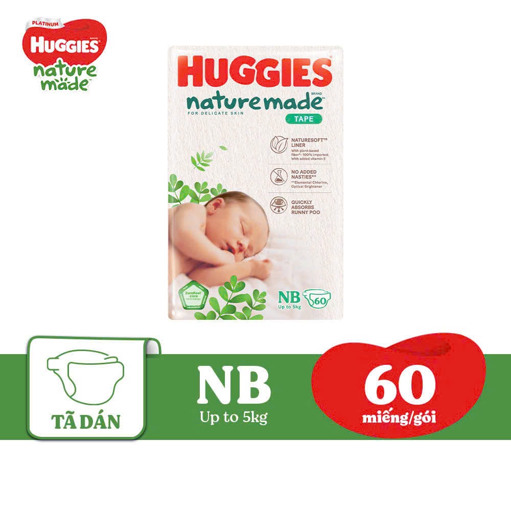 [CHÍNH HÃNG] BỈM HUGGIES NATURE MADE CÁC SIZE NB60/S82/M64/L54/XL38/XXL26
