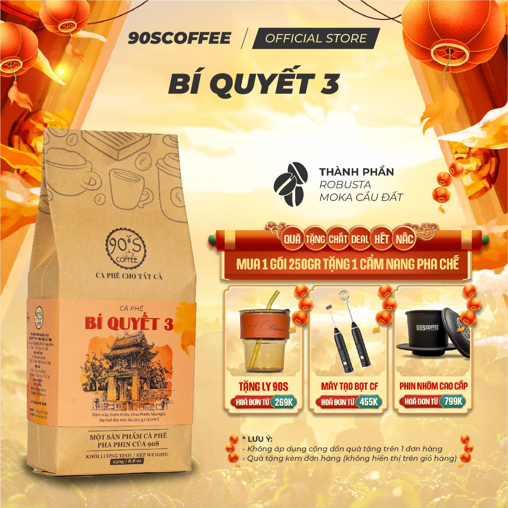 Cà Phê Rang Mộc Bí Quyết 3 - Blend Robusta & Moka Cầu Đất Gu Đậm Đà Hậu Ngọt Thơm Lâu | 90S COFFEE
