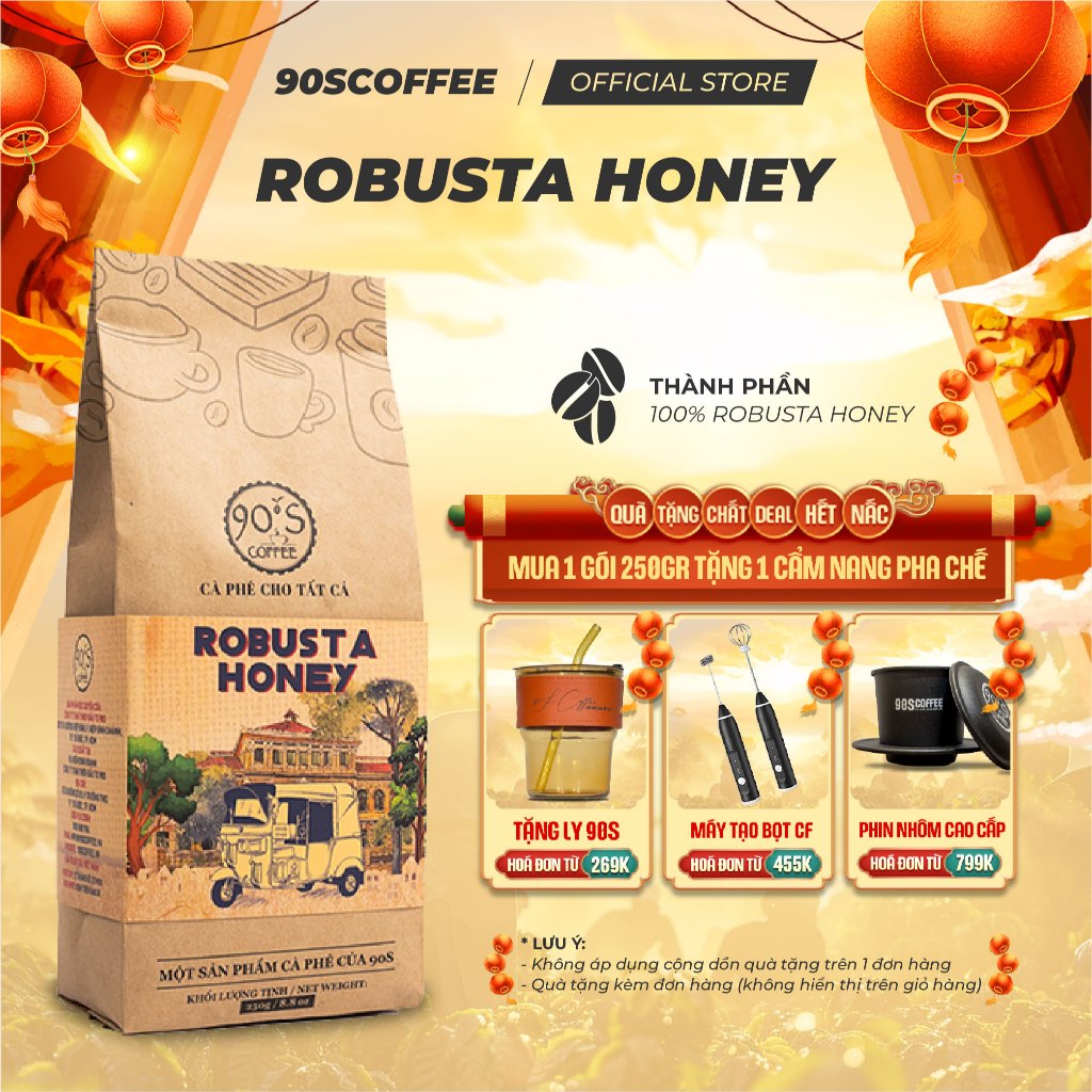 Cà Phê Rang Mộc Robusta Honey Nguyên Chất - Gu Ngọt Dịu Thơm Mùi Trái Cây | 90S COFFEE