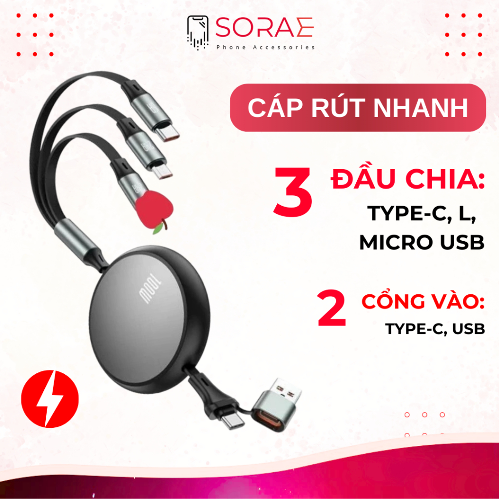 Cáp Sạc Rút Sạc Nhanh 3 Đầu Đa Năng 100W Cáp 6A Bền Bỉ Cáp 3 in 1, Dây Sạc Rút 3 Đầu Sạc Siêu Nhanh 
