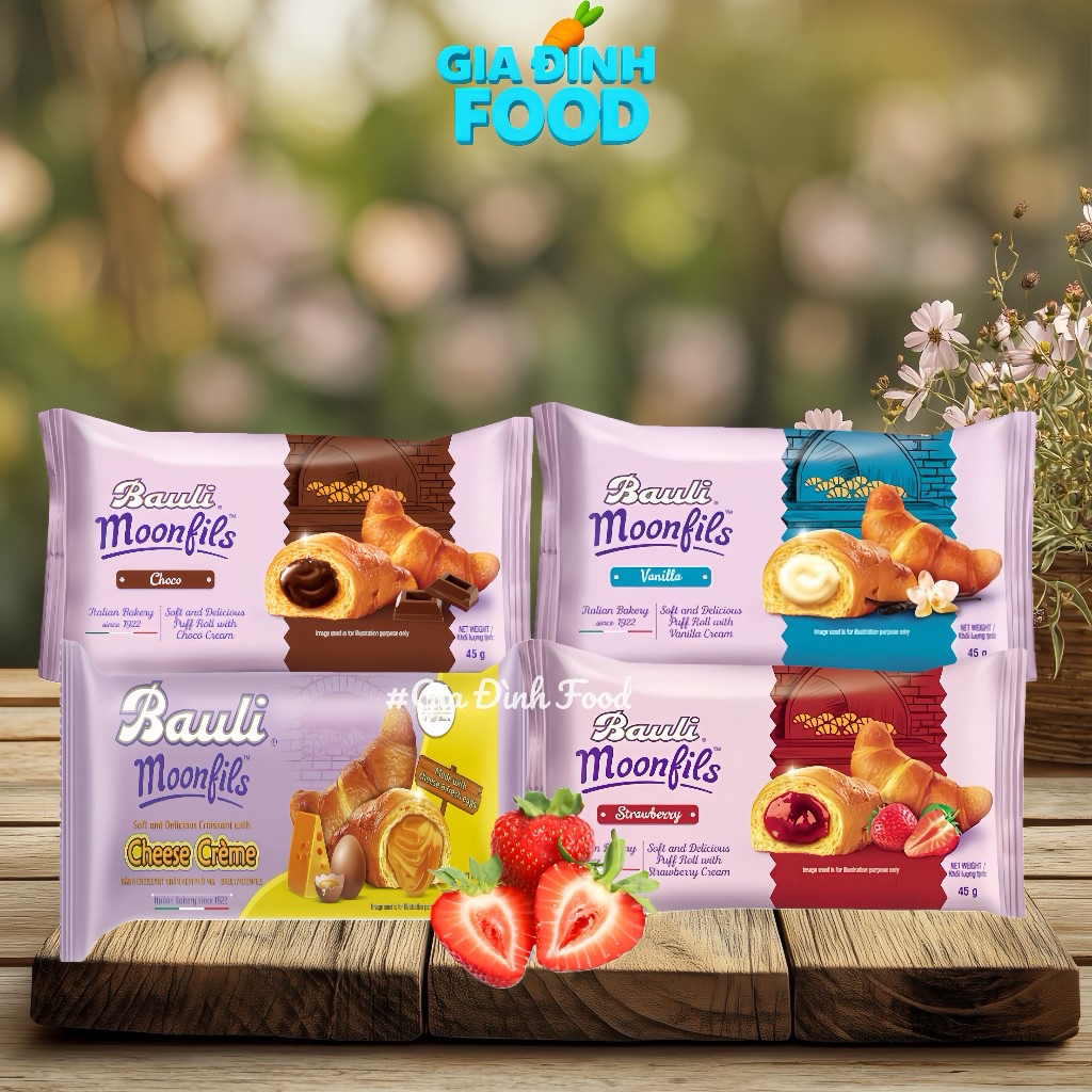 BÁNH Sừng Bò Bauli Moonfils Nhân Socola/ Dâu tây/ Vani/ Phô mai/ Mứt Cam - 45gr