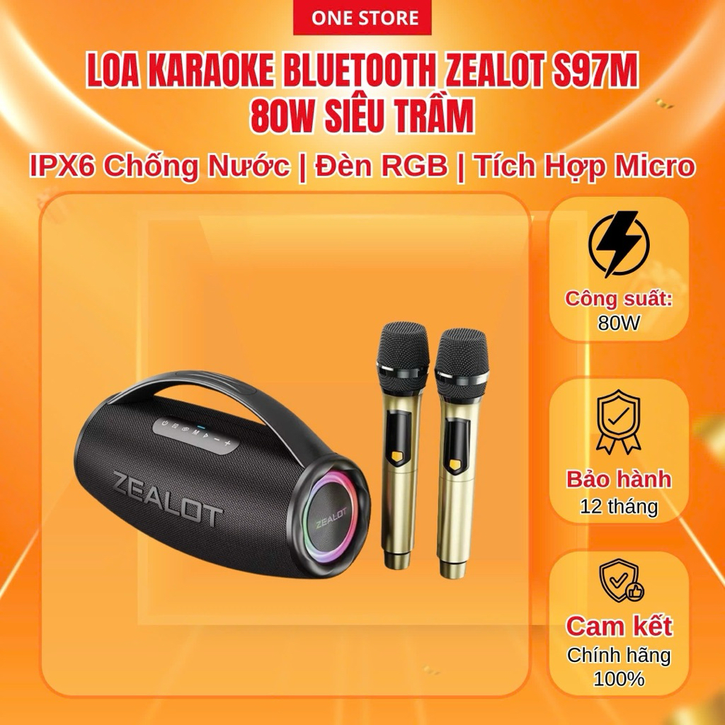 Loa Karaoke Bluetooth ZEALOT S97M 80W Siêu Trầm | IPX6 Chống Nước | Đèn RGB | Tích Hợp Micro