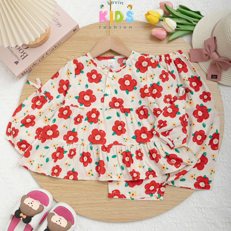 Bộ tole lanh tay dài quần dài form Babydoll cho bé size 8-16kg- Lavin Kids