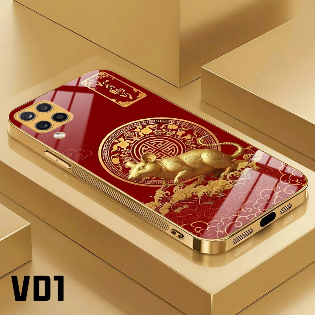 Ốp Lưng 12 CON GIÁP Tài Lộc Cho Samsung A12 4gb # SS A22 4gb -  Mặt Kính Cường lực - Viền Mạ Vàng