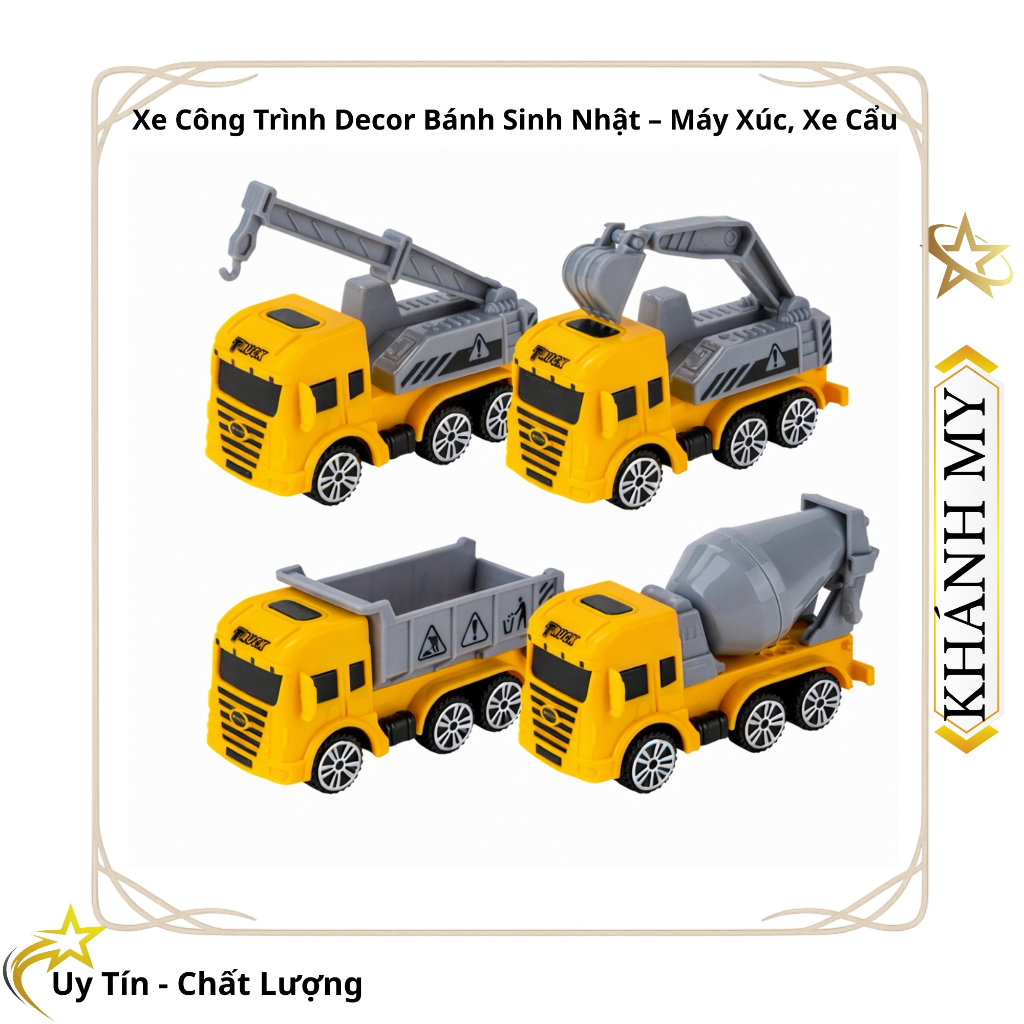 Set 4 Xe Công Trình Decor Bánh Sinh Nhật – Máy Xúc, Xe Cẩu