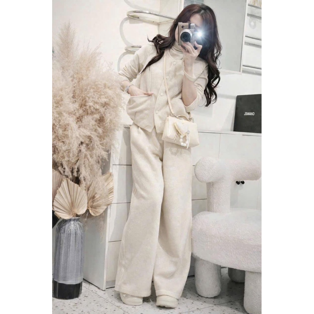 Hion Store - (HÀNG LOẠI 1) Set 3 món dạ bông áo cổ lọ 2 màu kem nâu SM