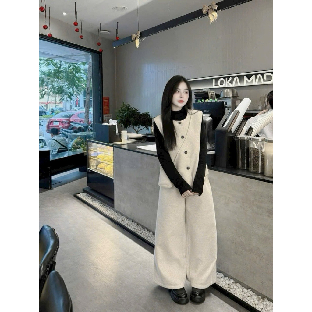 Hion Store - Set 4 món: Gile trắng+ áo cổ lọ đen+ quần trắng + túi SM