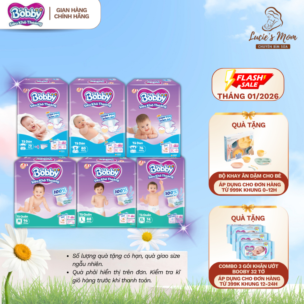 [Siêu Tiết Kiệm] Tã/Bỉm Quần/ Dán Bobby Ultra Siêu Khô Thoáng Mềm Mại, Size M/L/XL/XXL - Lucie's Mom