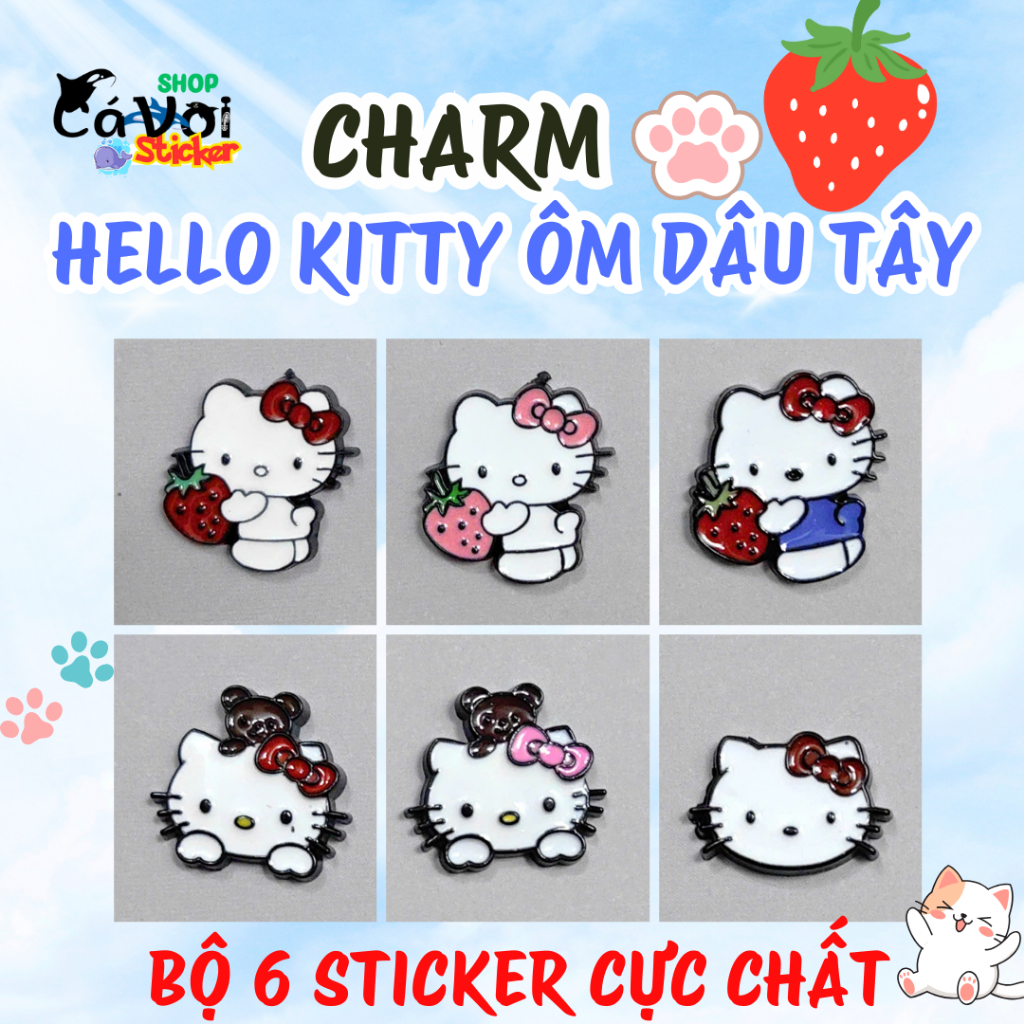 Set Charm Hello Kitty & Dâu Tây Cute – Kitty Nơ Đỏ Nơ Hồng Ôm Dâu, Charm Gắn Dép DIY Ngộ Nghĩnh