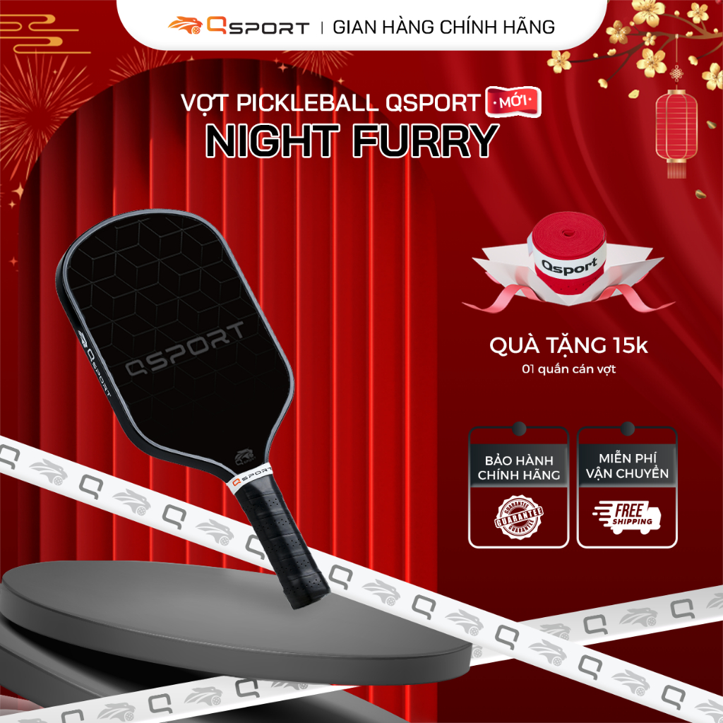 Vợt Pickleball Qsport Night Furry sợi thủy tinh Fiberglass, độ dày mặt vợt 16mm - Chính Hãng